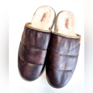 OLUKAI MUA ILI Mens Dark Brown Leather and Shearling Slide Slippers Size 11